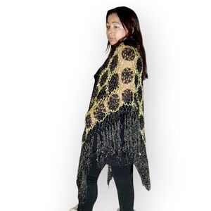 Women's Medium To Large Black and Gold  Crochet Poncho Shawl